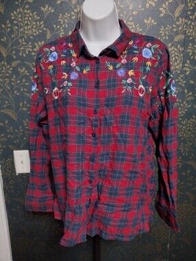 Project 28 Red and Navy Plaid Button-Down Shirt with Floral Embroidery